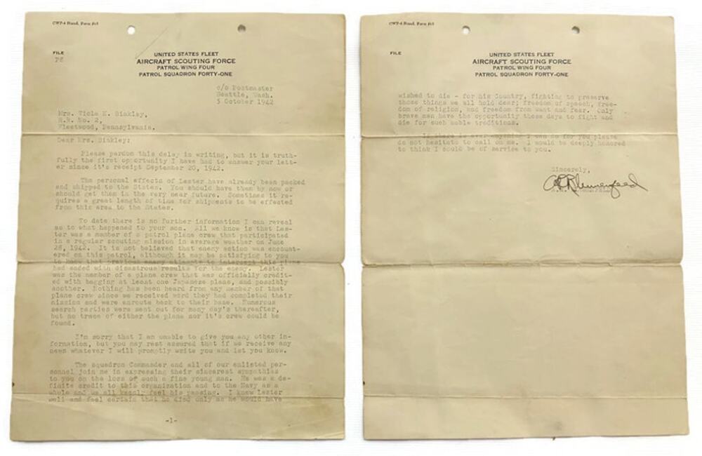 1942 WWII Aircraft Scouting Office Letter A.R. Blumenfeld to Viola K Binkley